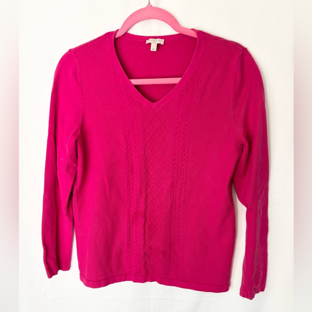 Talbots Fuchsia v neck cable knit sweater LARGE